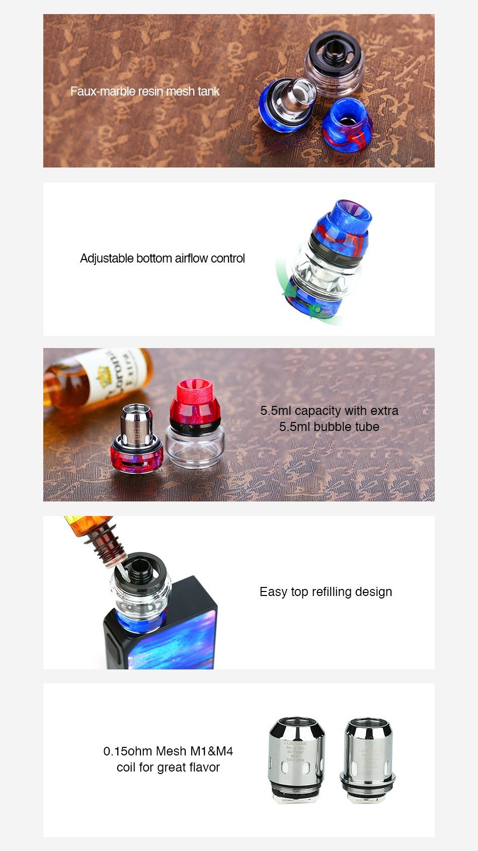 CoilART LUX Mesh Tank 5.5ml Faux marble resin mesh tank Adjustable bottom airflow control 5  5ml capacity with extra 5  5ml bubble tube asy top refilling design 0 1 5ohm mesh m1 M4 Coll Tor great flavor