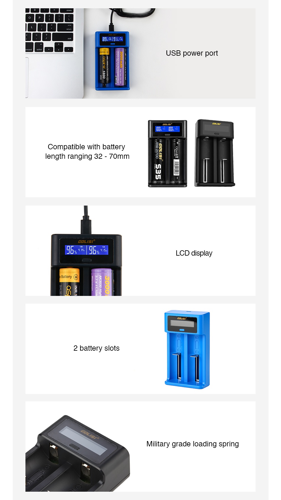 Golisi I2 2A Smart USB Charger with LCD Screen 89  9A USB power port Compatible with battery length ranging 32 70mm num CoLISI CBD display 2 battery slots Military grade loading spring