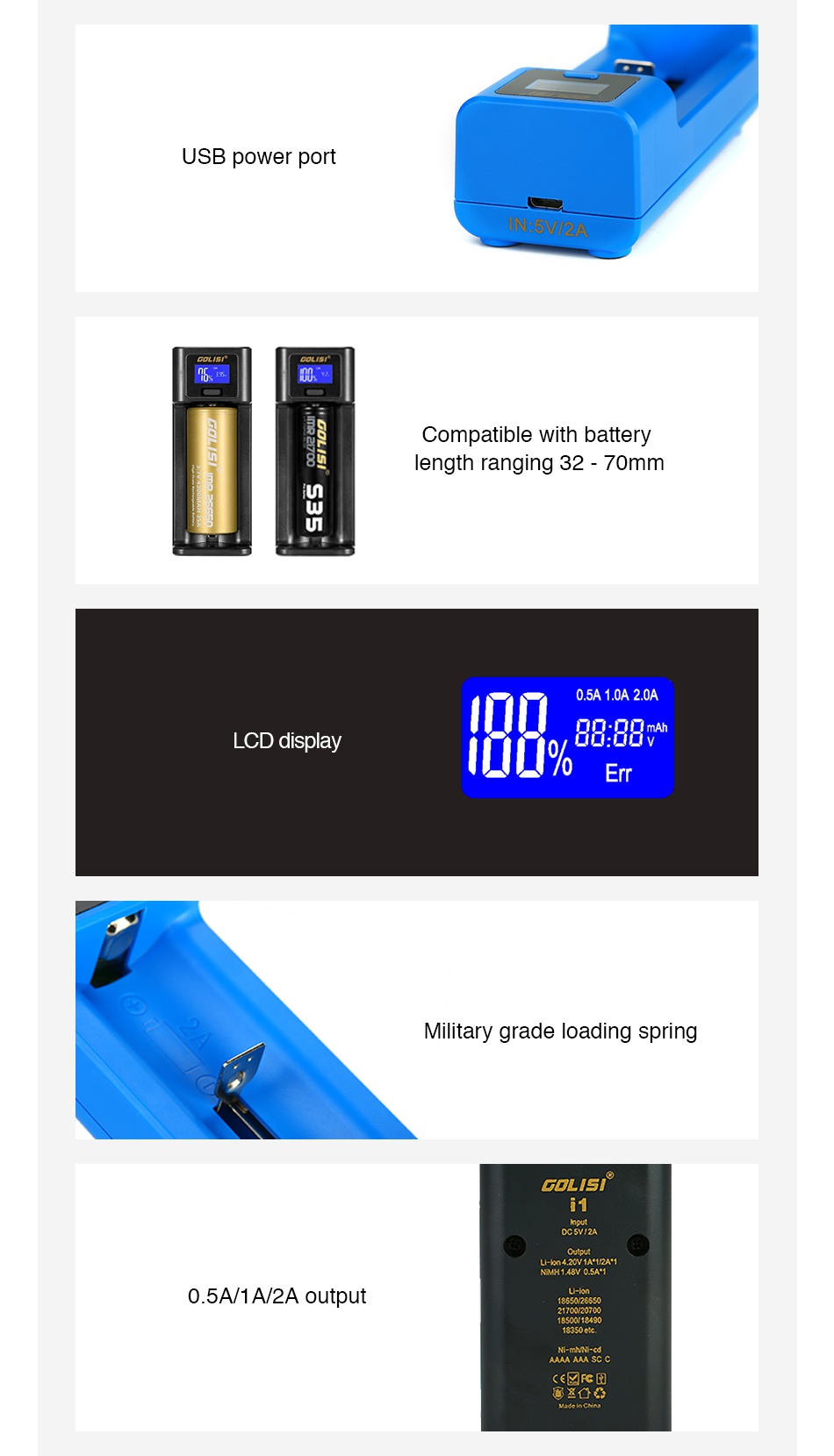 Golisi I1 2A Smart USB Charger with LCD Screen USB power port Compatible with battery length ranging 32 70mm U 0 5A10A20A LCD display Err Military grade loading spring COLISI 0 5A 1A 2A output AAAA AAA SC C   F