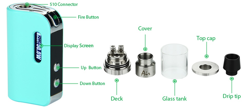 SMOKJOY Air 50 Kit 1200mAh 510 Connector Fire button C op cap Display screen Up Button A Down button Deck Glass tank Drip tip