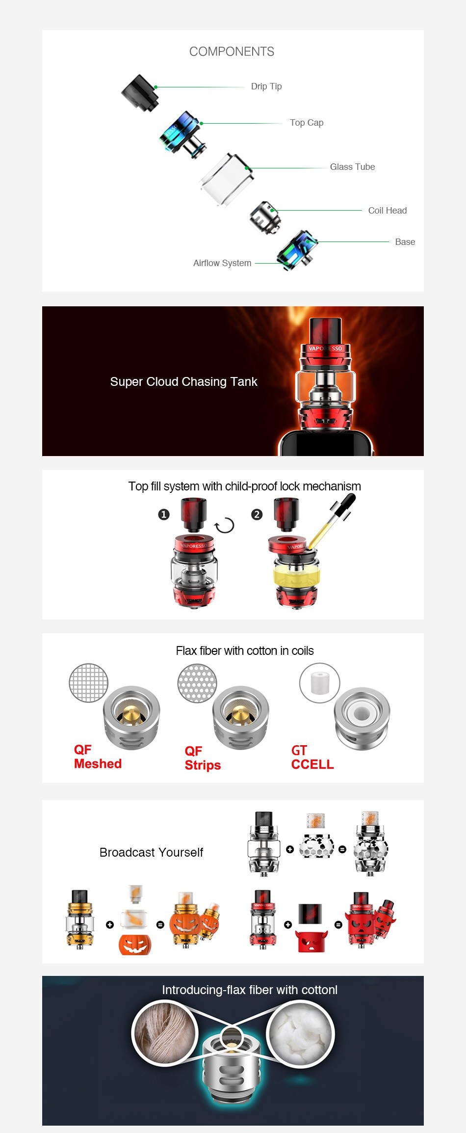 Vaporesso SKRR Subohm Tank 8ml/2ml COMPONENTS Drip ti Top Cap Glass Tube Coil Hea Base Airflow s Super Cloud chasing Tank Top fill system with child proof lock mechanism Flax fiber with cotton in coils QF QF GT Meshed Strips CCELL Broadcast yourse f     Introducing flax fiber with cottonl