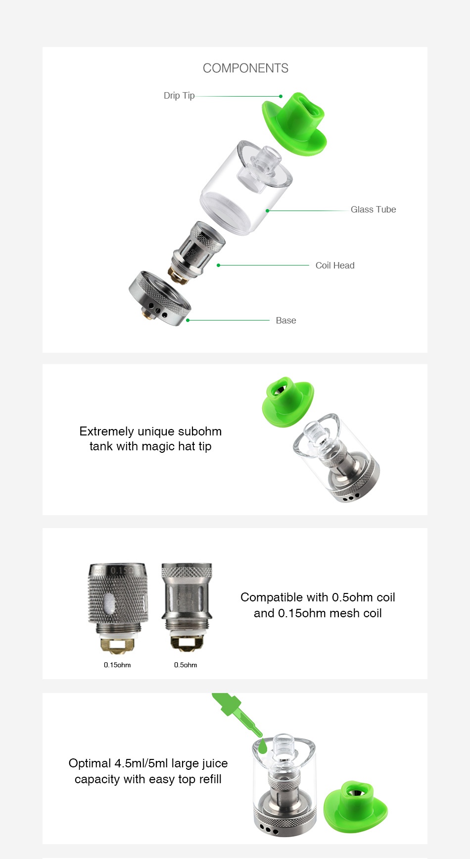 Demon Killer Magic Hat Subohm Tank 4.5ml/5ml COMPONENTS Drip t Glass Tube Coil head Extremely unique subohm tank with magic hat tip Compatible with 0  bohm coil and o 1 bohm mesh coil 0  ohm Optimal 4 5m  5ml large juice capacity with easy top refil