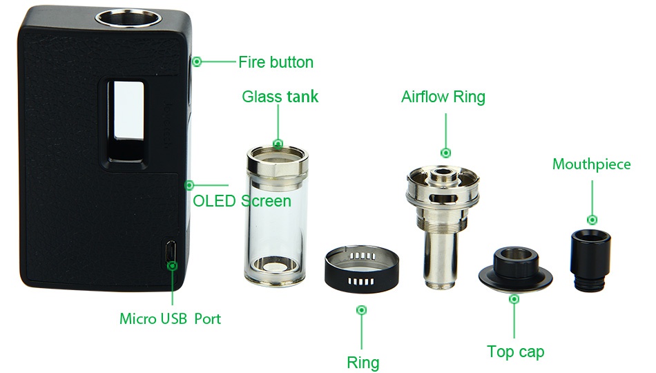 Joyetech eVic AIO 75W VT Kit Fire button Glass tank Airflow Ring Mouthpiece OLED Screen IUD Micro usb port Top cap