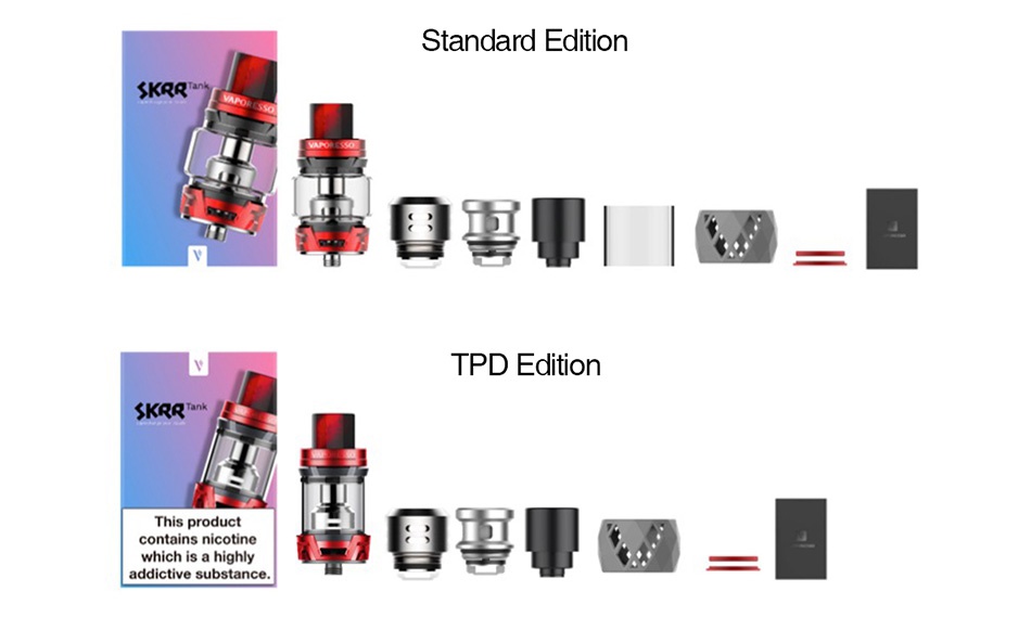 Vaporesso SKRR Subohm Tank 8ml/2ml Standard edition SKRR      TPD Edition SKRR This product contains nicotine which is a highly