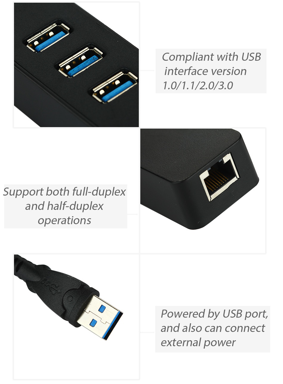 USB 3.0 3-Port HUB with Gigabit Ethernet Adapter Compliant with USB interface version 1 0 1 12 0 3 0 Support both full duplex and half duplex operations Powered by USB port  and also can connect external power