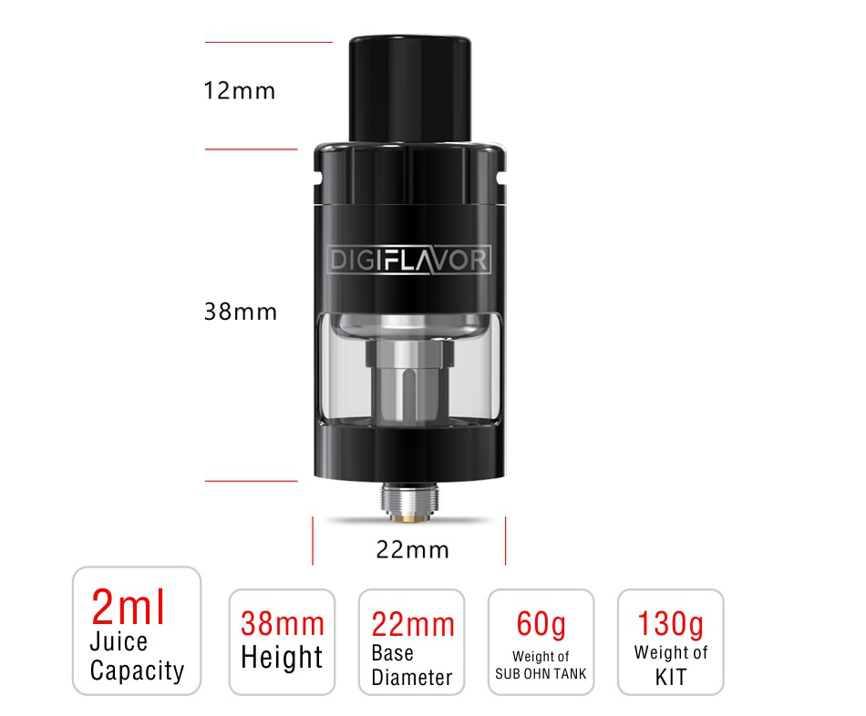 Digiflavor Espresso 22 Rebuildable Subohm Tank 2ml 12mm 38mm 22mm Juice 38mm22mm60g130g Capacity Heig ht Base Weight of Weight of Diameter UB OHN TANK T