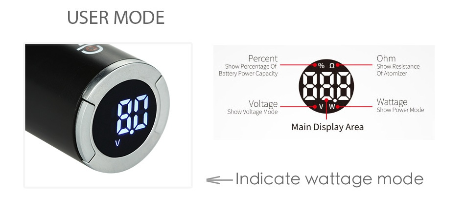 SMOKJOY Club 50 Micro Kit 1600mAh USER MODE Show Percentage Of Show Resistance attery Power Capacity Of Atomizer tage Wattage Show Voltage Mode Main Display area Indicate wattage mode