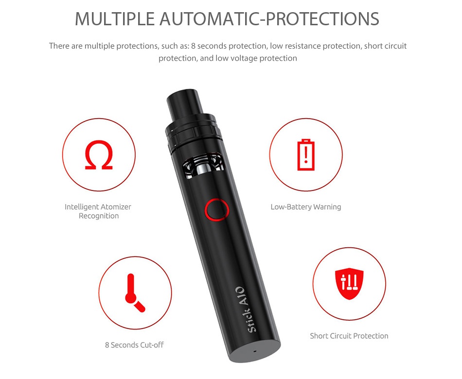 SMOK Stick AIO Kit 1600mAh MULTIPLE AUTOMATIC PROTECTIONS There are multiple protections  such as  8 seconds protection  low resistance protection  short circuit protection  and low voltage protection Intelligent Atomizer LOw Battery Warning Recognition Short circuit protection 8 Seconds Cut oFf