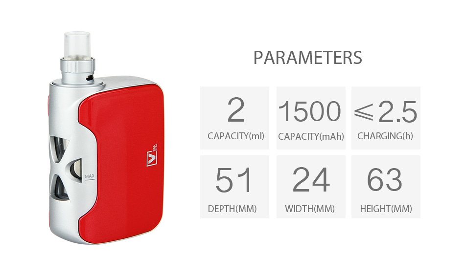 Vivakita Fusion Starter Kit 1500mAh PARAMETERS 21500 25 CAPACITY m  CAPACITY mAh  CHARGING h  512463 DEPTH MM EIGHT MM