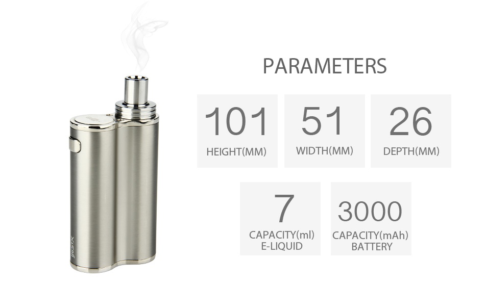 Eleaf iJust X AIO Kit 3000mAh PARAMETERS 1015126 HEIGHT MM  WIDTH MM  DEPTH MM 73000 CAPACITY ml  CAPACITY mAh  E LIQUID BATTERY