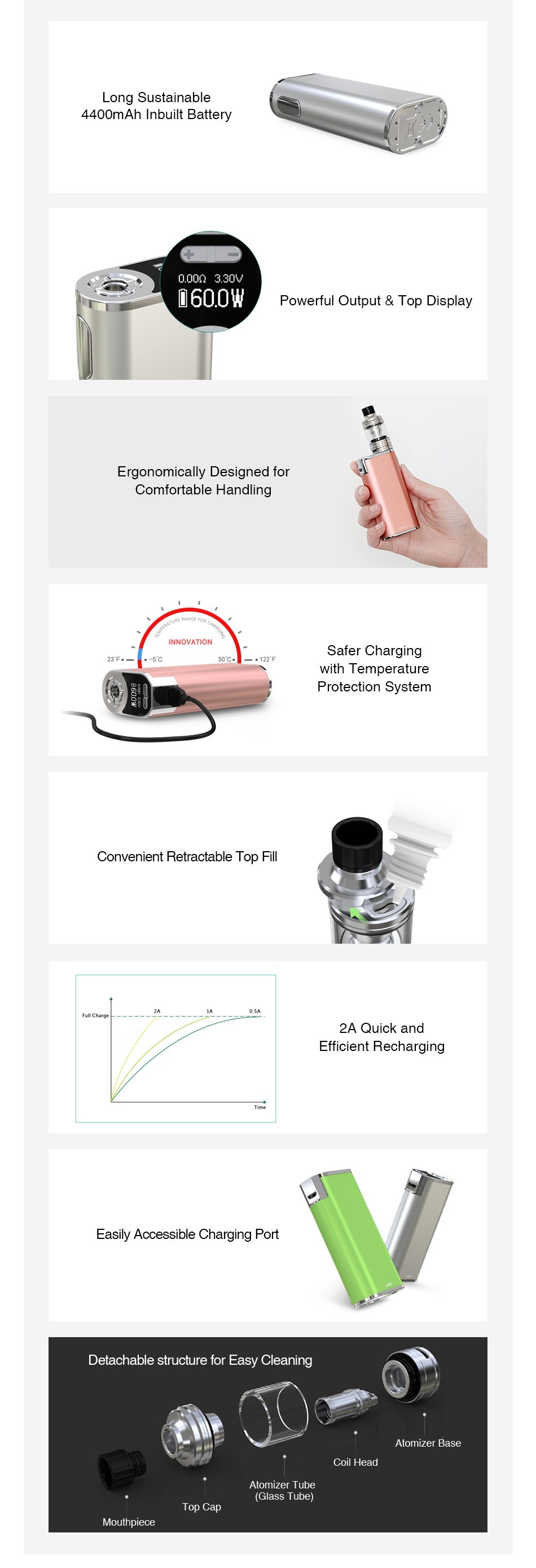 Eleaf iStick Melo 60W with Melo 4 TC Kit 4400mAh Long Sustainable 4400mAh Inbuilt Battery 0600W  Powerful Output Top Display Ergonomically designed for Comfortable handler NNOVATION Safer Charging ith Temperature Protection System Convenient Retractable Top Fill 2A Quick and Efticient Recharging Easily Accessible Charging Port Detachable structure for Easy Cleaning AUi  r Basc Atomizer Tube Iop Cap