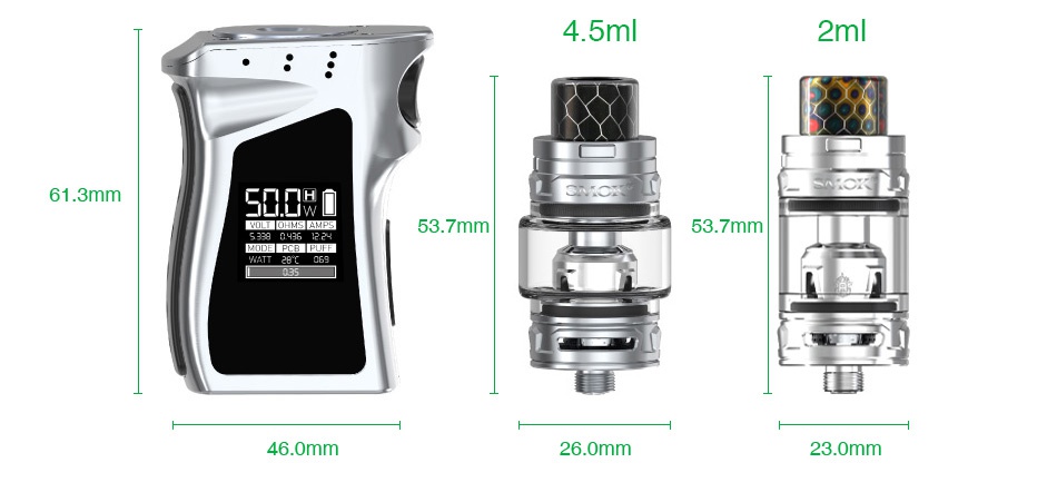 SMOK Mag Baby 50W TC Kit with TFV12 Baby Prince 1600mAh 4 5m 2ml 61 3mm 53 7mm 53 7mm 46 0mm 26 0mm 23 0mm