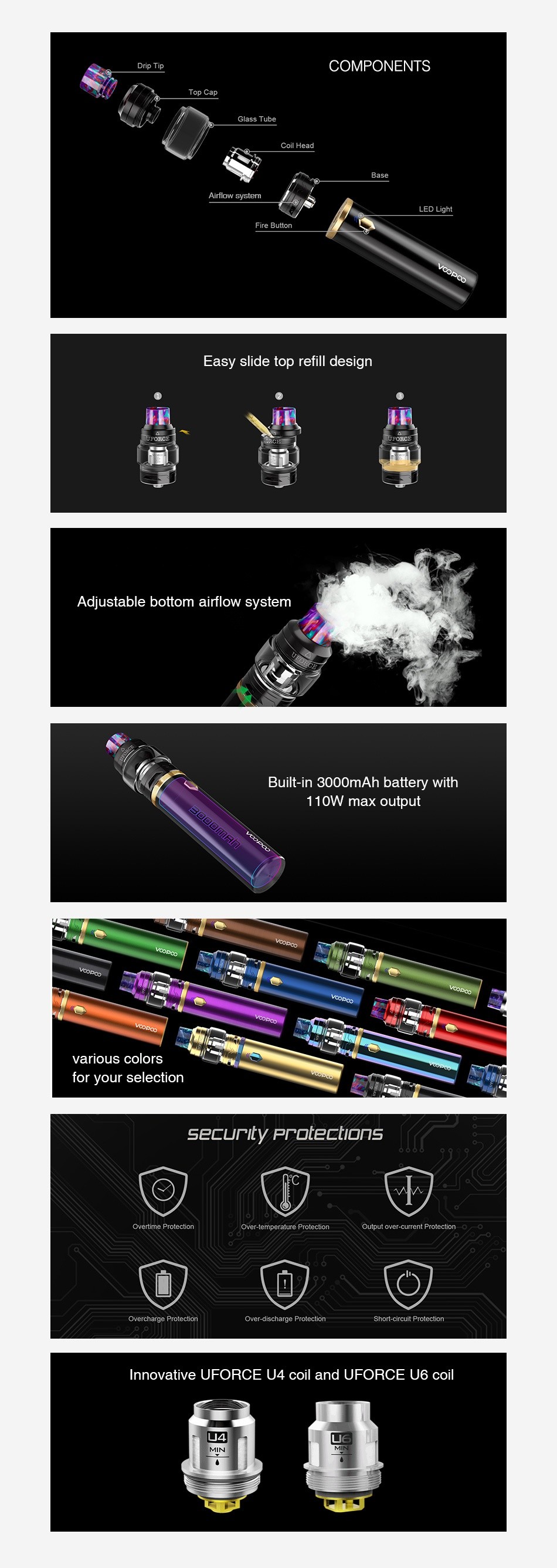 VOOPOO Caliber 110W Kit with UFORCE Tank 3000mAh Drip T  COMPONENTS Glass Tube Easy slide top refill design Adjustable bottom airflow system Built in 3000mAh battery with 110W max outpu ious colors sECUrIty ProtectIonS Verum Protecton cnt Pretect on charge Protecto over d scharge Prelection Innovative fOrce U4 coil and force u6 coil  4