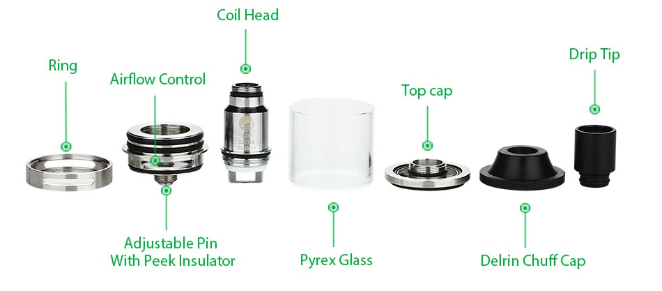 IJOY Tornado 150 Subohm/RTA Tank 4.2ml Coil head Drip Tip Ring Airflow Control Top cap    Adjustable Pin With peek insulator Pyrex Glass Delrin Chuff Cap