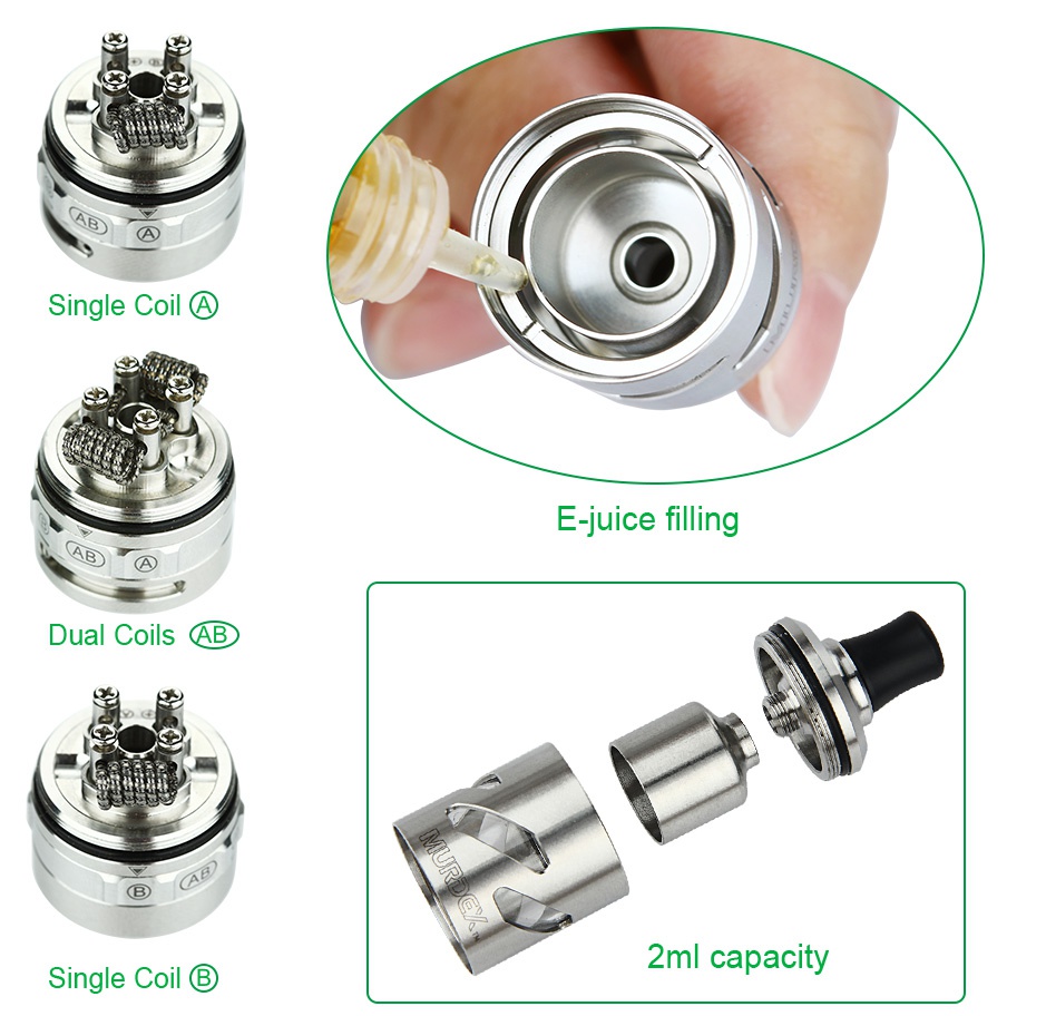 Murdex SS316L Coil Control RTA 2ml B Single Coil  A E juice filling Dual Coils  AB Single Coil B 2ml capacity