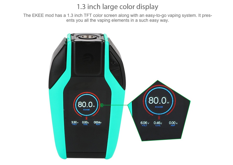 Joyetech Ekee 80W TC Box MOD 2000mAh 1 3 inch large color display The EKEE mod has a 1 3 inch TFT color screen along with an easy to go vaping system  It pres ents you all the vaping elements in a such easy way 80 0 80 0 606046 000