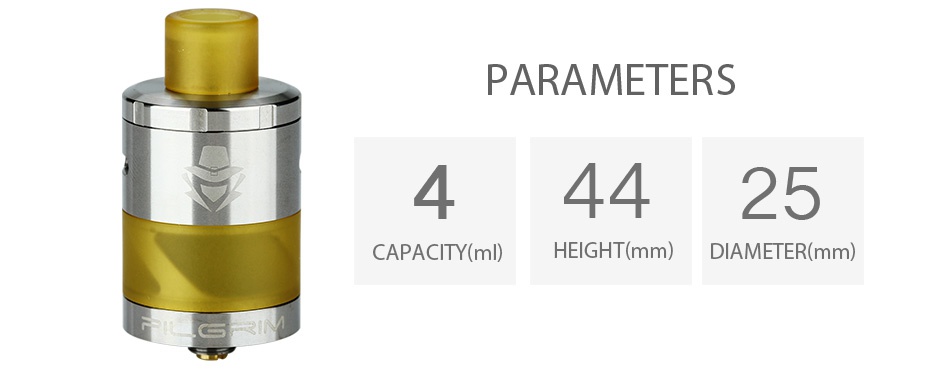 Digiflavor Pilgrim GTA Tank 4ml PARAMETERS 44425 CAPACITY ml  HEIGHT mm  DIAMETER mm