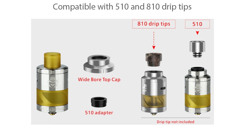 Digiflavor Pilgrim GTA Tank 4ml Compatible with 510 and 810 drip tips 810 drip tips 510 Wide Bore Top Cap 510 adapter Drip tip not included