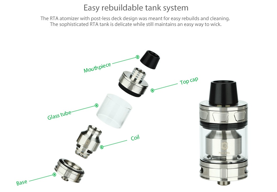 Joyetech ProCore Remix RTA/RDA/Subohm Atomizer Easy rebuildable tank system The soe histicated RTA tank is delicate while still maintains an easy way to wicks  The rta atomizer with post less deck design was meant for easy rebuilds and clear thpI Base