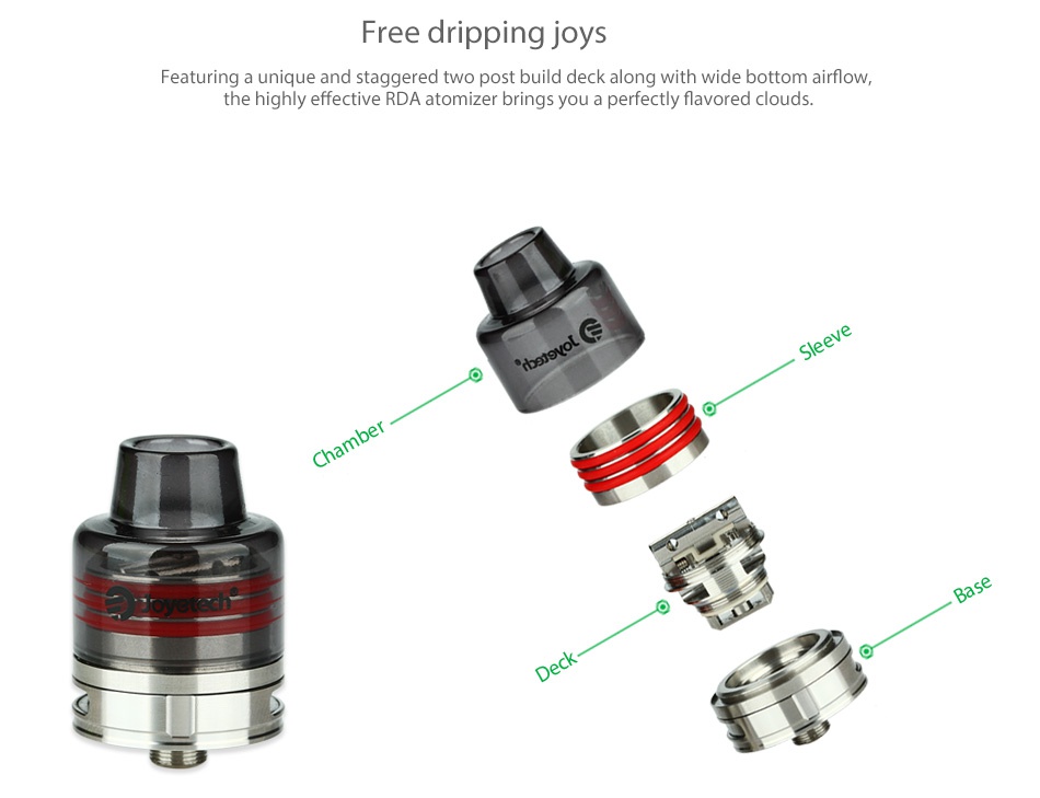 Joyetech ProCore Remix RTA/RDA/Subohm Atomizer Free dripping joys Featuring a unique and staggered two post build deck along with wide bottom airflow  the highly effective RDa atomizer brings you a perfectly flavored clouds