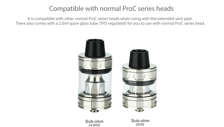 Joyetech ProCore Remix RTA/RDA/Subohm Atomizer Compatible with normal Proc series heads It is compatible with other normal Proc ds wh ng with the extended vent pip There also comes with a 2  0ml spare glass tube  TPD regulated  for you to use with normal Proc series head Sub ohm Sub ohm