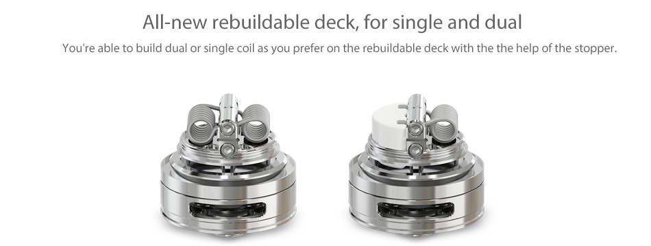 Joyetech ProCore Remix RTA/RDA/Subohm Atomizer All new rebuildable deck  for single and dual You re able to build dual or single coil as you prefer on the rebuildable deck with the the help of the stopper