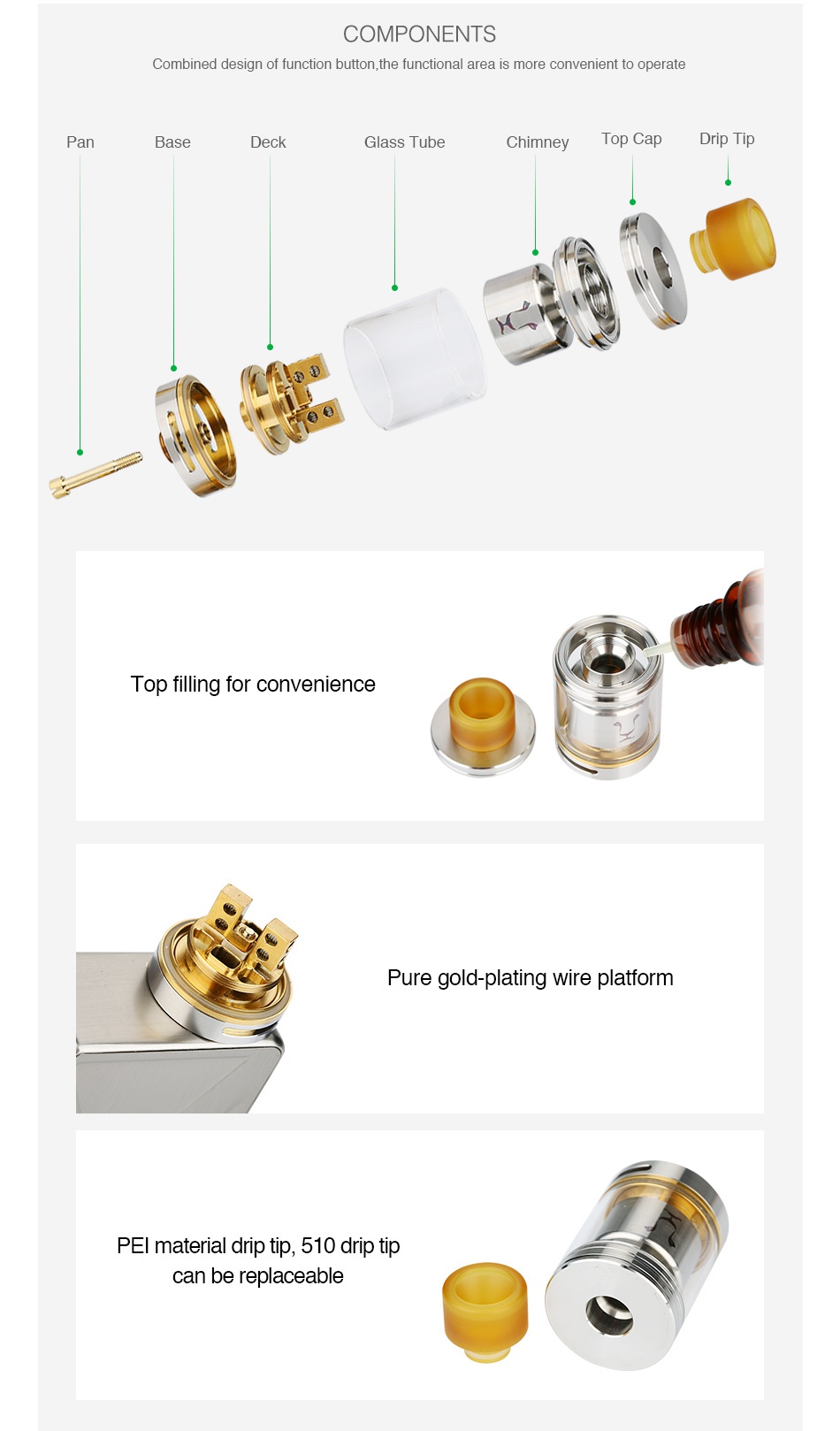 KAEES Solomon RTA 4ml COMPONENTS Combined design of function button  the functional area is more convenient to operate Base Deck Glass Tube Chimney Top Cap Drip I ip Top filling for convenience Pure gold plating wire platform PEl material drip tip  510 drip tip can be replaceable