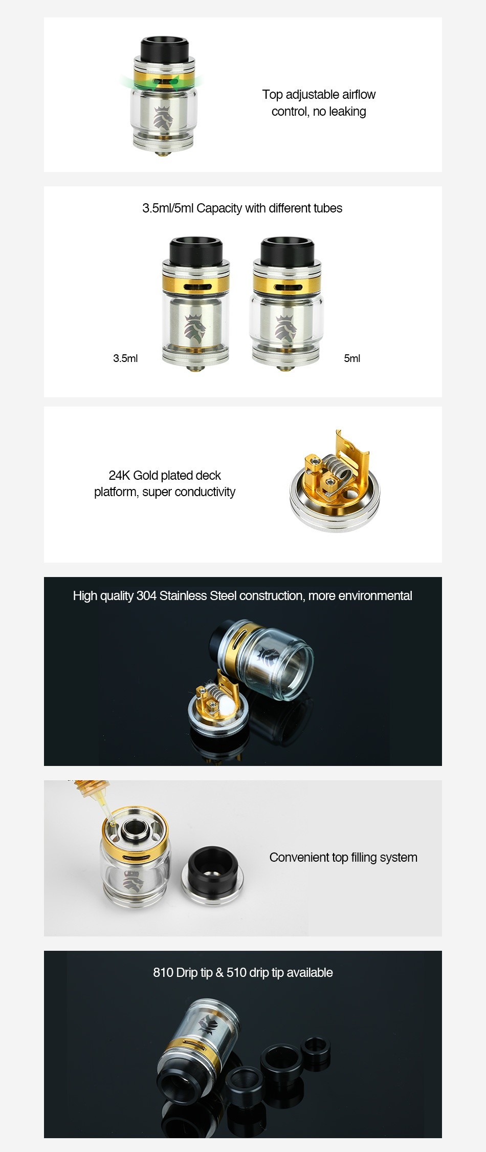 KAEES Solomon 2 RTA 5ml Top adjustable airflow control no leaking 3 5ml 5ml capacity with different tubes 24K Gold plated deck platform  super conductivity High quality 304 Stainless Steel construction  more environmental Convenient top filling system 810 Drip tip  510 drip tip available