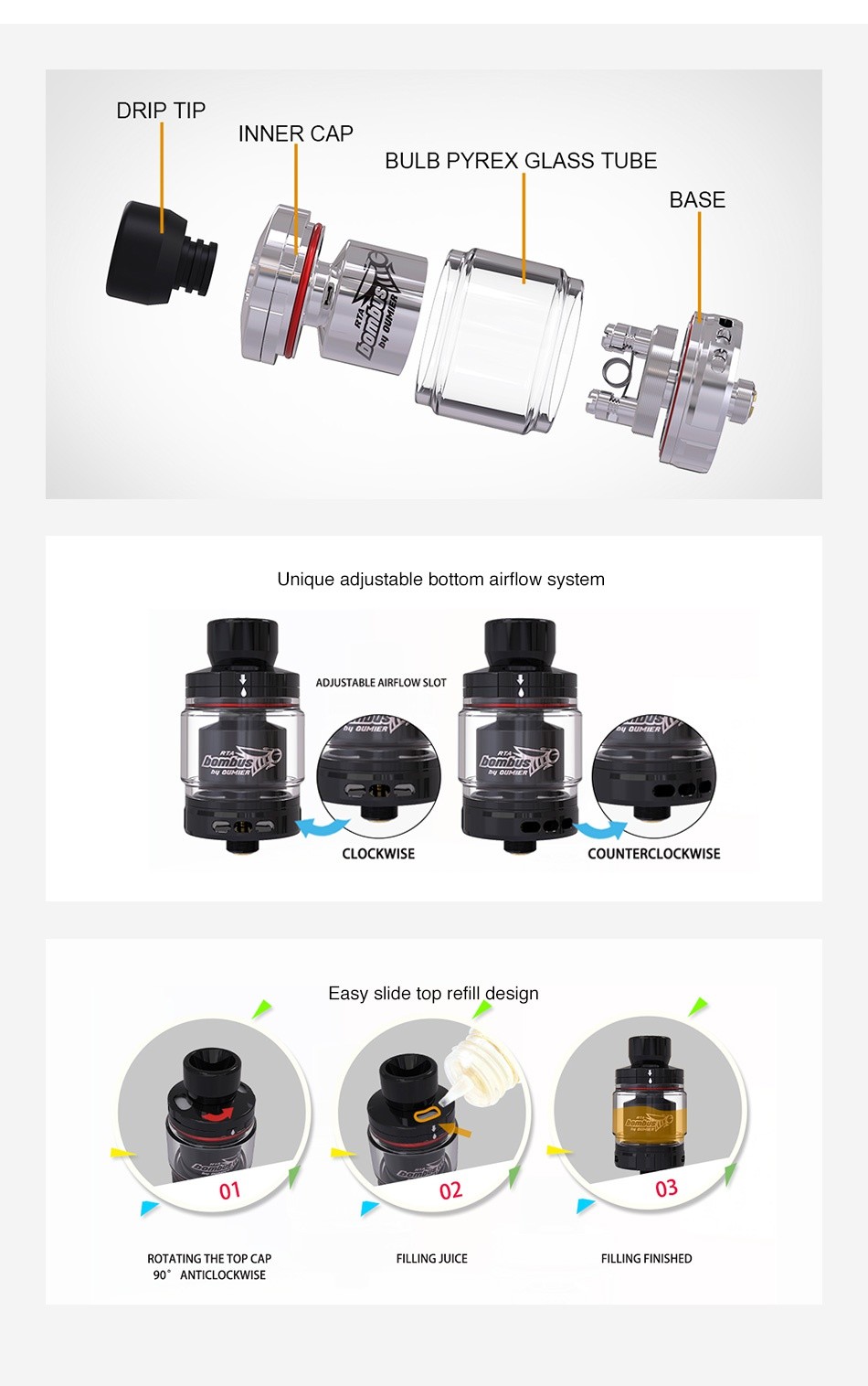 OUMIER Bombus RTA 2ml/3.5ml DRIP TIP INNER CAP BULB PYREX GLASS TUBE BASE Unique adjustable bottom airflow system DJUSTABLE CLOCKWISE COUNTERCLOCKWISE asy slide top refill design 01 02 03 ROTATING THE TOP CAP FILLING JUICE FILLING FINISHED 90  ANTICLOCKWISE