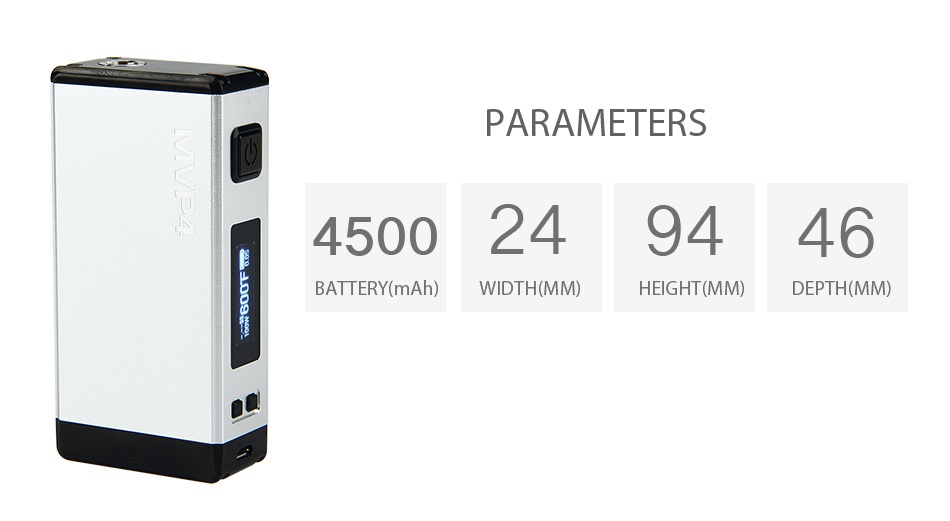 Innokin MVP4 QC 100W TC Box MOD 4500mAh PARAMETERS 4500249446 BATTERY mAh  WIDTH MN HEIGHT  MM DEPTH MM