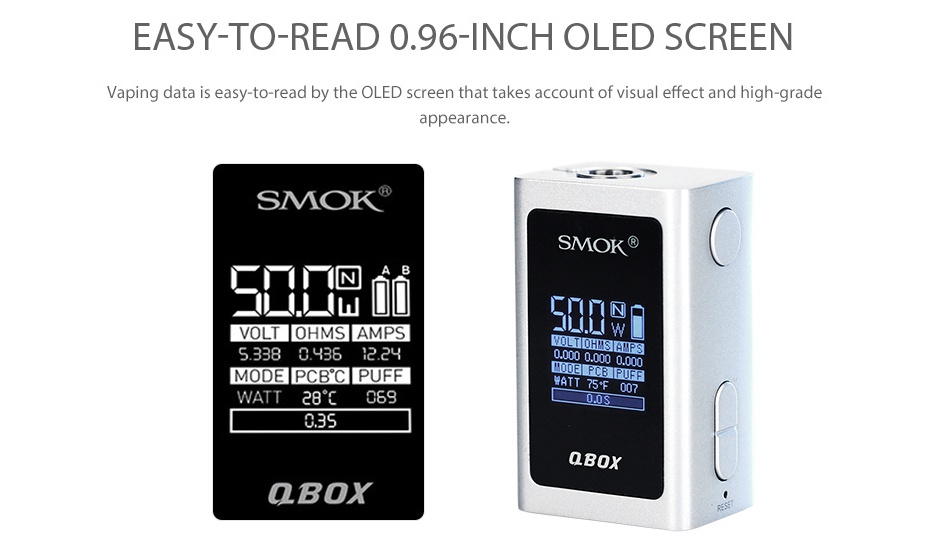 SMOK QBOX TC Box MOD 1600mAh EASY TO READ 0 96 INCH OLED SCREEN Vaping data is easy to read by the oled screen that takes account of visual effect and high grade appearance  SMOK SMOK    N VOLT JOHMS AMPS W MODE PCB CI PUFF WATT28 s9 QBO aBOX