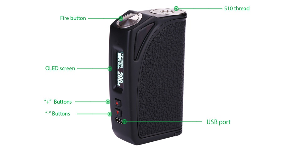 Think Vape MKL200 TC Box MOD 510 threa Fire butt OLED screen Buttons USB port