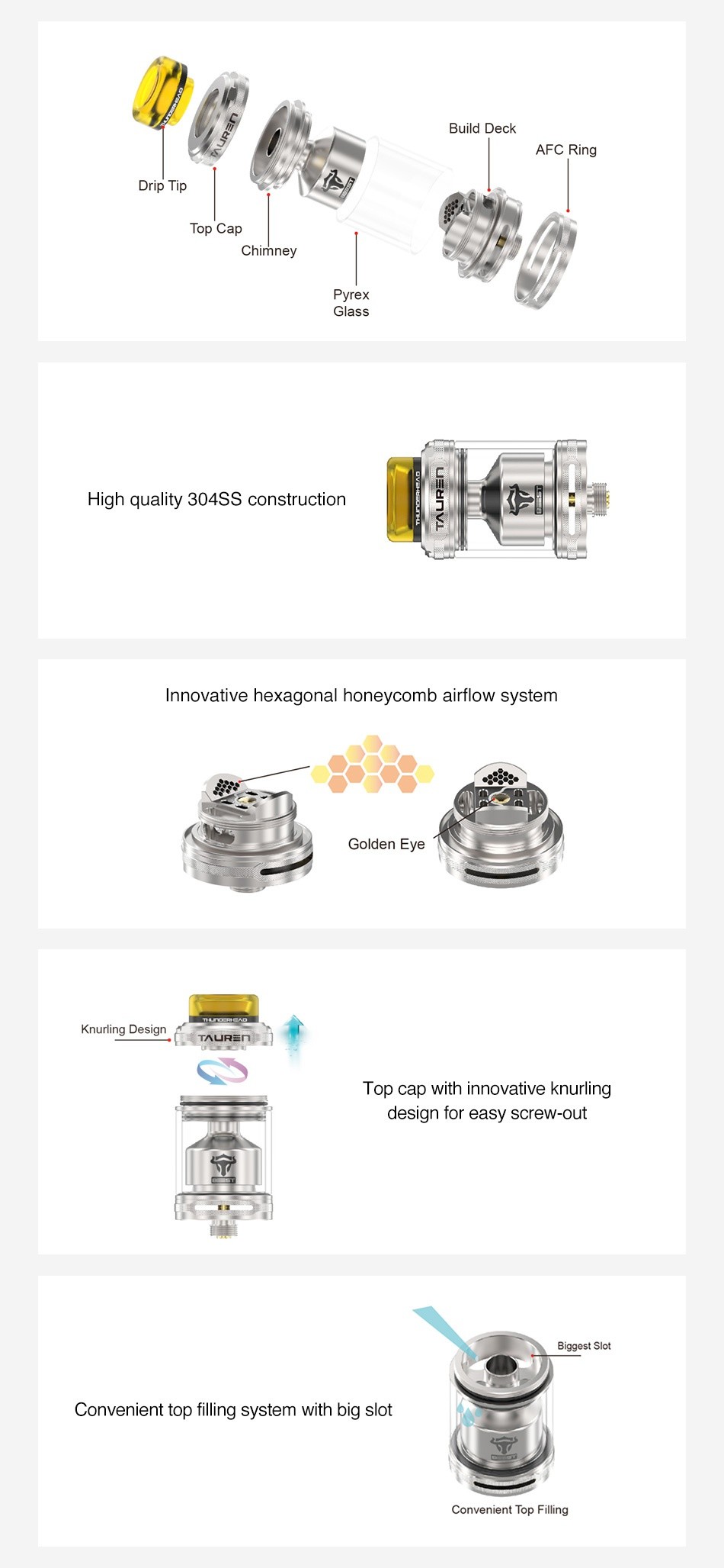 [With Warnings] THC Tauren RTA 2ml/4.5ml Build Deck FC Ring rip Tip lop Cap Chimney Glass High quality 304Ss construction Innovative hexagonal honeycomb airflow system 83 Golden Eye Knurling Design T uR  Top cap with innovative knurling design for easy screw out Biggest slot Convenient top filling system with big slot Convenient Top Filling