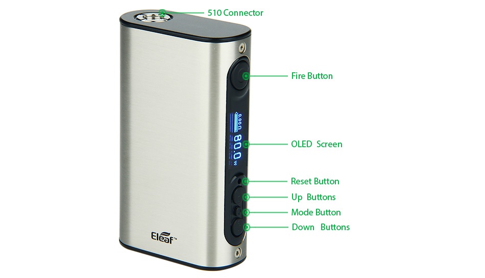 Eleaf iPower 80W TC MOD 5000mAh 510 Connector Fire button reen set button Up Mode button EISE