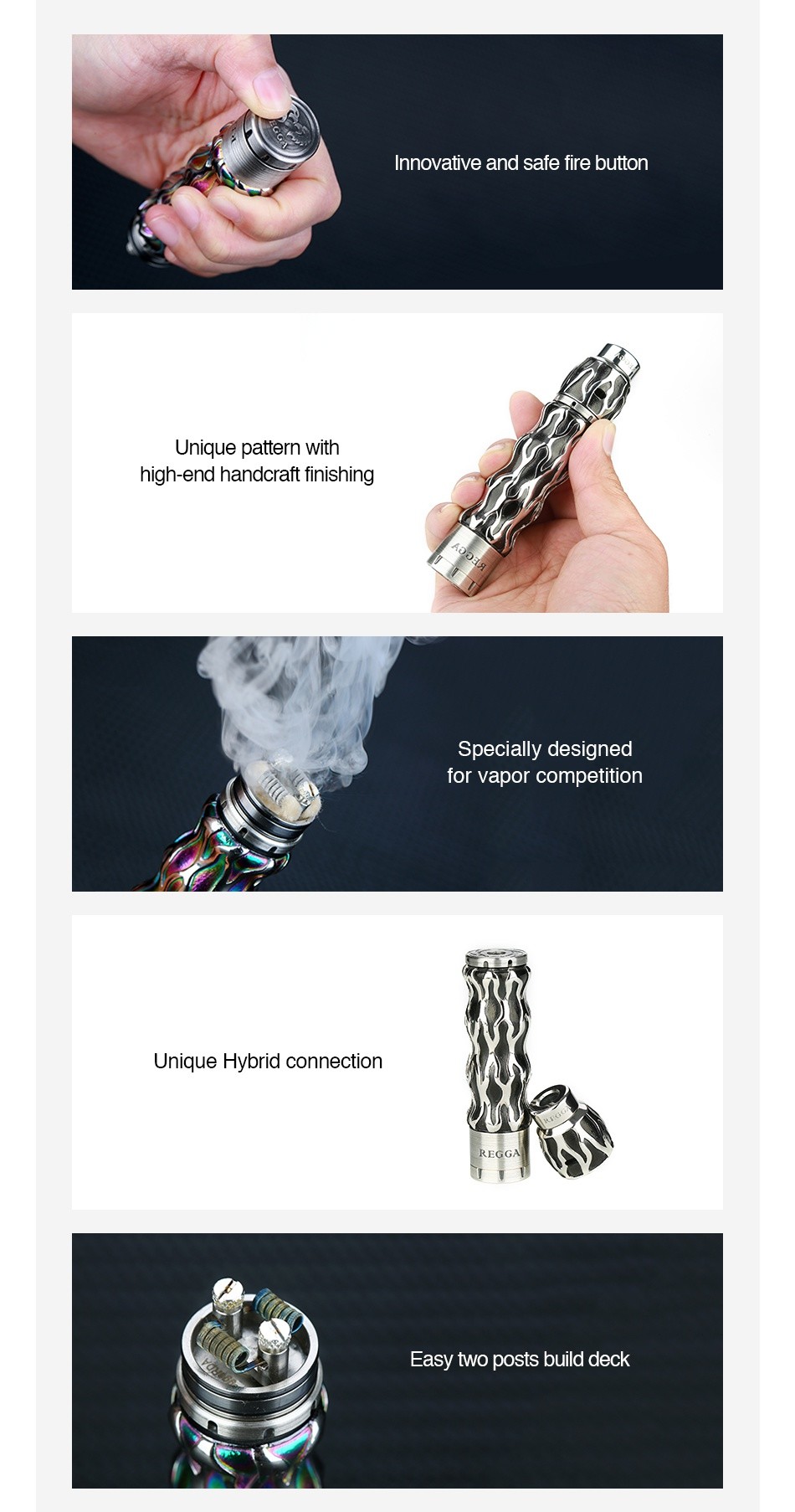 SHELBI MODS Regga Mech Kit nnovative and safe fire button Unique patern with high end handcraft finishing designed for vapor competition Unique Hybrid connection Easy two posts build deck