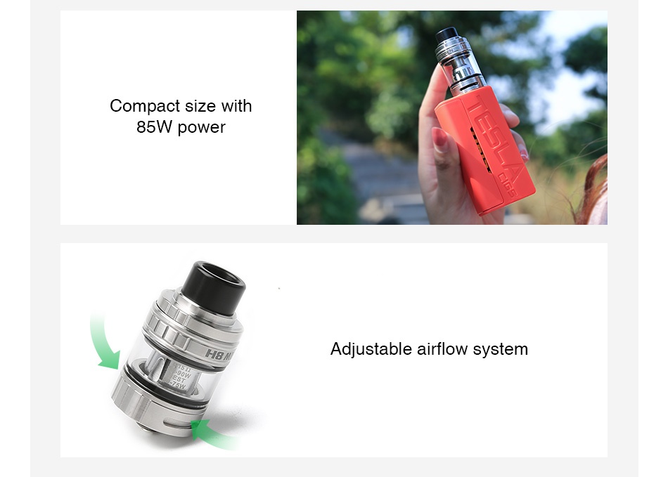 Tesla WYE 85W TC Kit with H8 Mini Tank Compact size with 85W power Adjustable airflow system