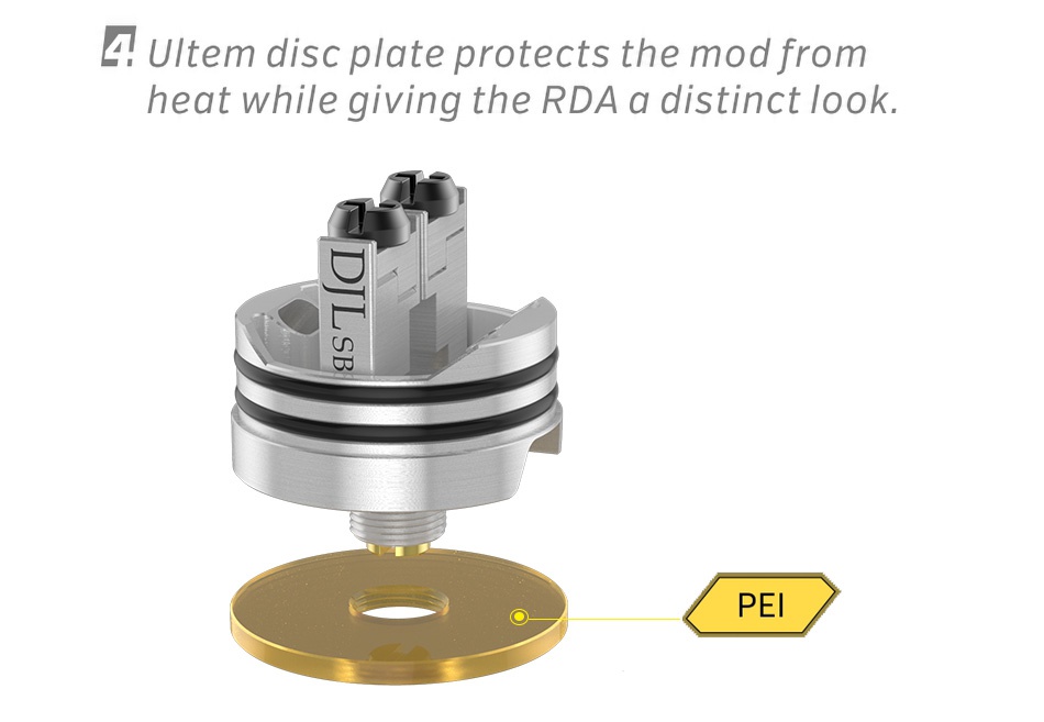 Digiflavor Aura RDA 4  Ultem disc plate protects the mod from heat while giving the rda a distinct look PEI