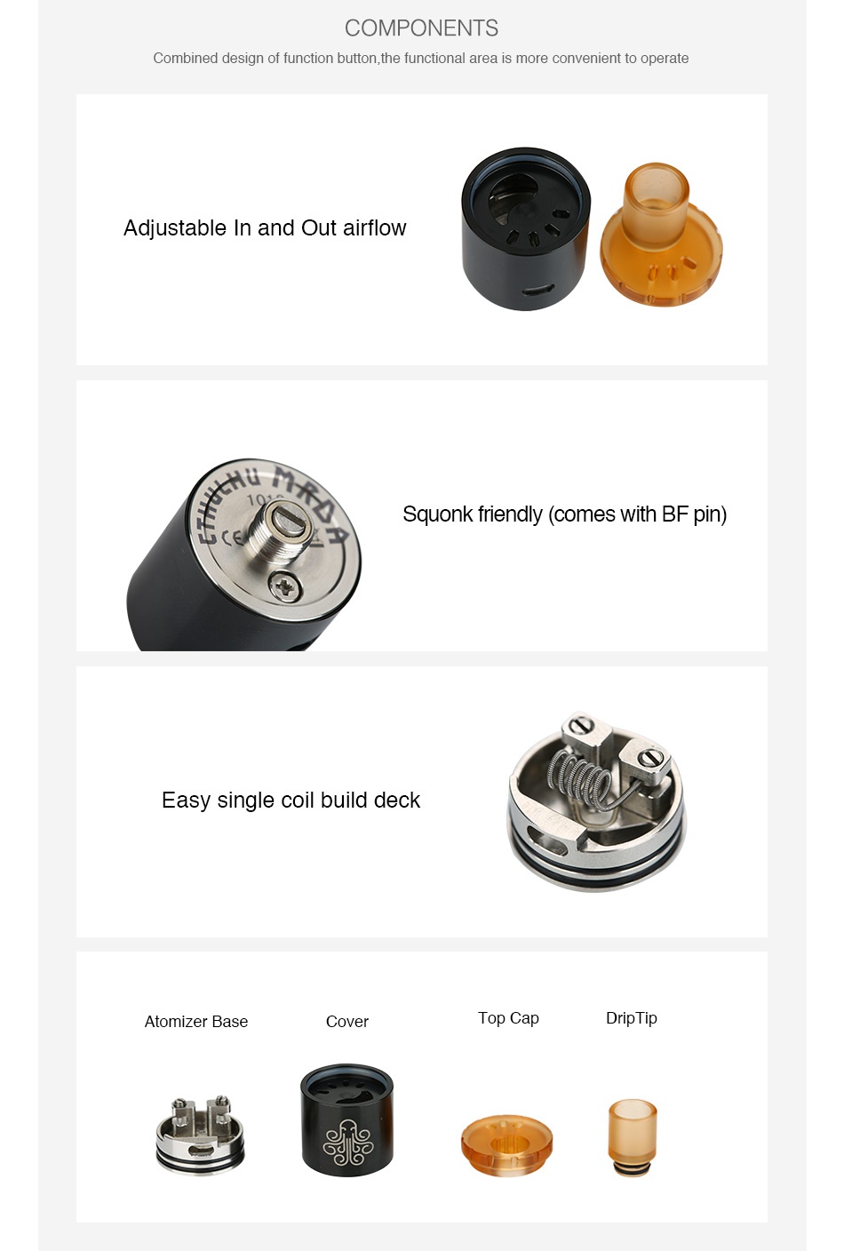 Cthulhu MTL RDA COMPONENTS Combined design of function button  the functional area is more convenient to operate Adjustable In and out airflow h Squonk friendly comes with BF pin    Easy single coil build deck Atomizer Base Cover Top Ca Drip I ip