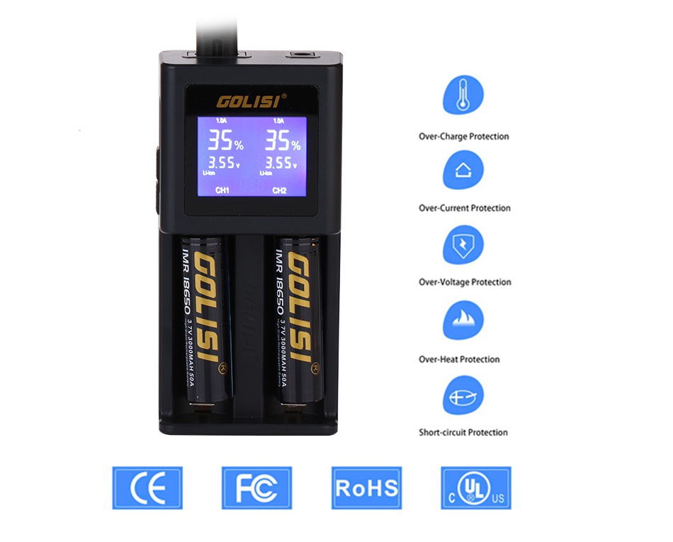 Golisi S2 2.0A Smart Charger with LCD Screen Ls   35 35  Over  Charge Protection 355 355 Over Current Protection Over Voltage Protection OverHeat Protection Short circuit Protection CEFC RoHS