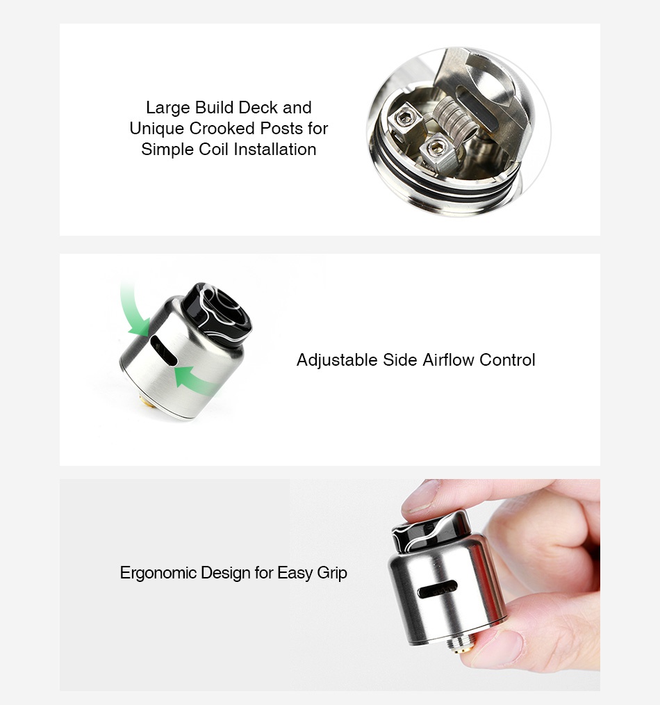 Eleaf Coral 2 RDA Large Build Deck and Unique Crooked Posts for Simple coil Installation Adjustable Side Airflow Contro Ergonomic Design for Easy Grip