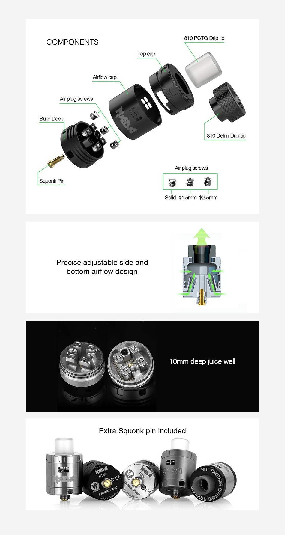 Tigertek NADA RDA COMPONENTS 810 PCTG Dnp tip Top cap Airflow cap Air plug screws uild deck 810 Delrin Drip tip Air plug screws Squonk Pin soid 15mm 25mm Precise adjustable side and bottom airflow design 10mm deep juice well Extra Squonk pin included