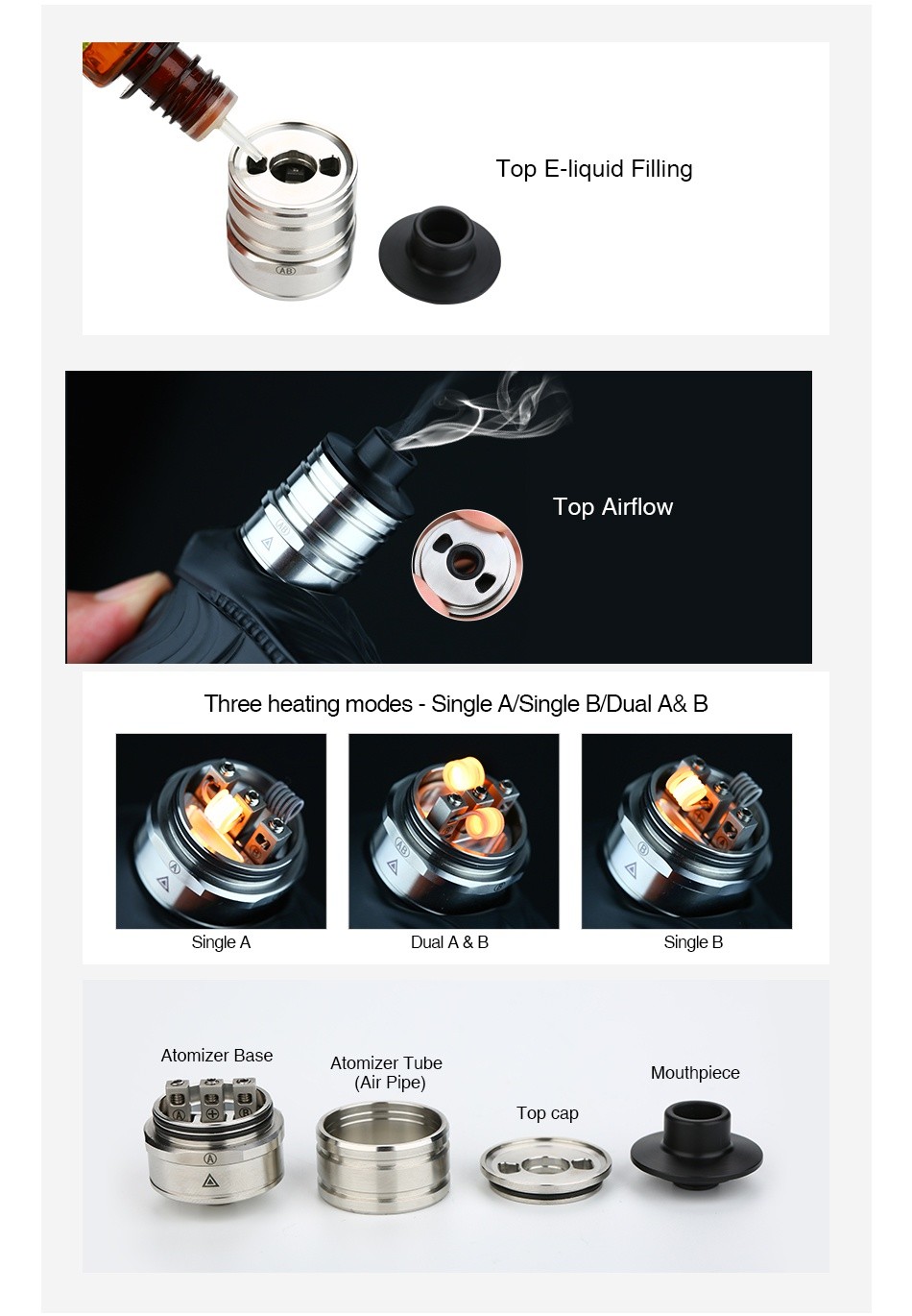 Murdex Lava-D Coil Control RDA op E liquid Filling op Airflow hree heating modes  Single a Single B dual A  B duala   B Single B Atomizer base Atomizer Mouthpiece