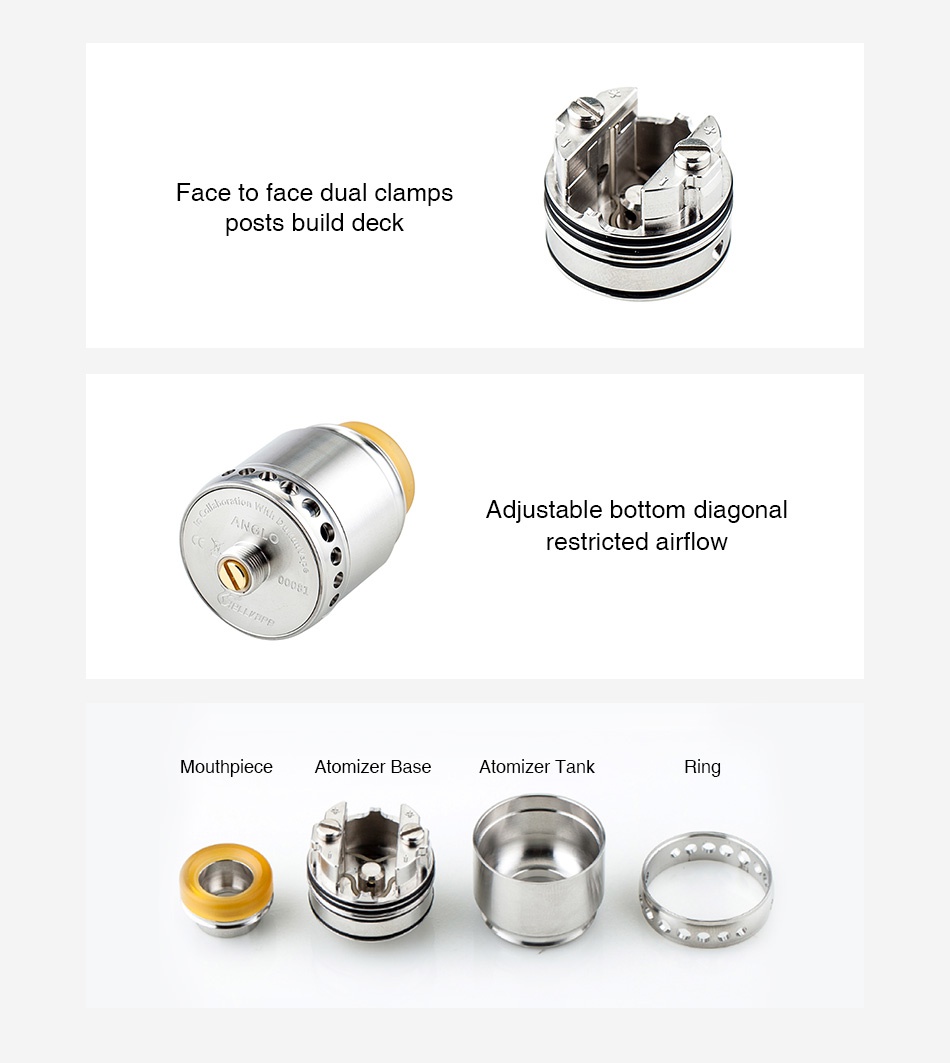 Hellvape Anglo RDA Face to face dual clamps posts build deck Adiustable bottom diagonal restricted airflow Mouthpiece Atomizer Base Atomizer tank