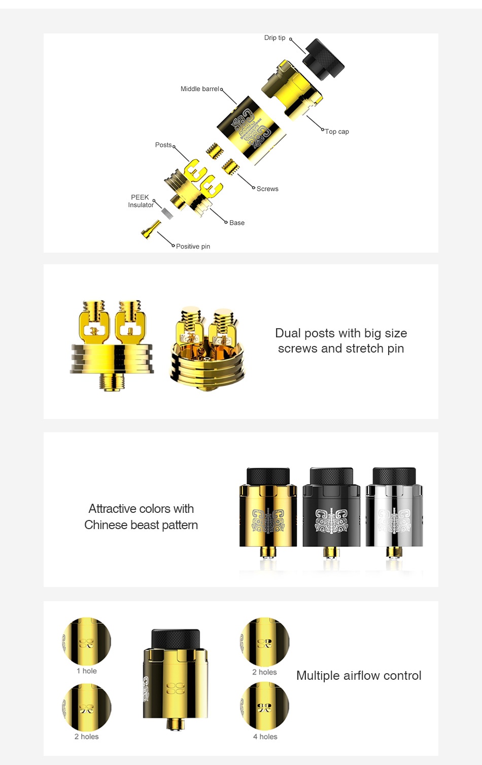 Serisvape SAMO RDA Middle barrel Screws PEEK Positive pin Dual posts with big size screws and stretch pin Attractive colors with Chinese beast pattern 1 hole oles Multiple airflow control 2 hole 4 holes